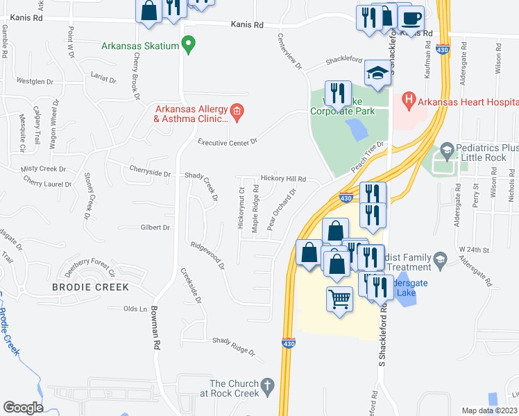 map of restaurants, bars, coffee shops, grocery stores, and more near 2221 Maple Ridge Road in Little Rock