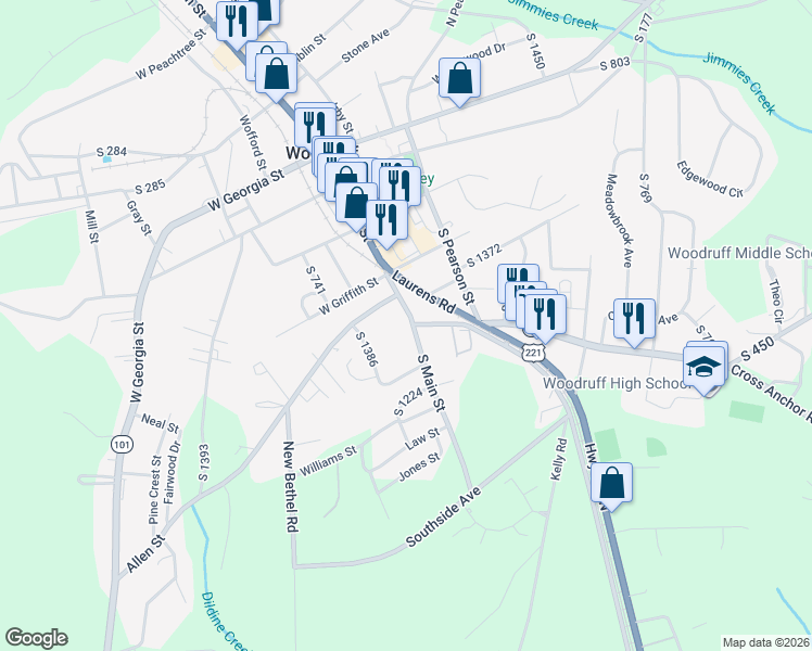 map of restaurants, bars, coffee shops, grocery stores, and more near 552 South 991 in Woodruff