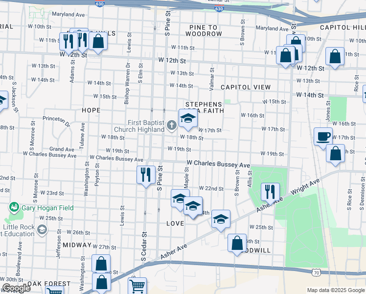 map of restaurants, bars, coffee shops, grocery stores, and more near 3801 West 19th Street in Little Rock