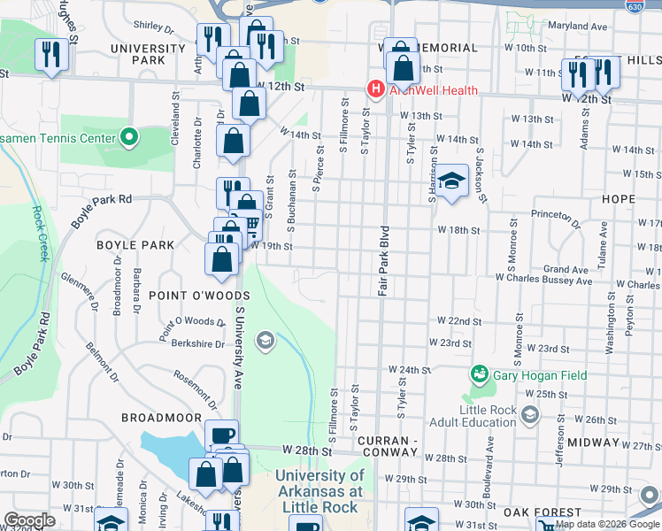 map of restaurants, bars, coffee shops, grocery stores, and more near 1908 South Fillmore Street in Little Rock