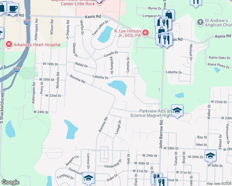 map of restaurants, bars, coffee shops, grocery stores, and more near 2119 Romine Rd in Little Rock