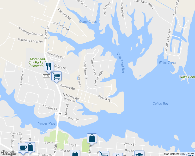 map of restaurants, bars, coffee shops, grocery stores, and more near Lantern Way in Morehead City