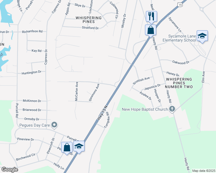 map of restaurants, bars, coffee shops, grocery stores, and more near 13080 Montclair Drive in Laurinburg