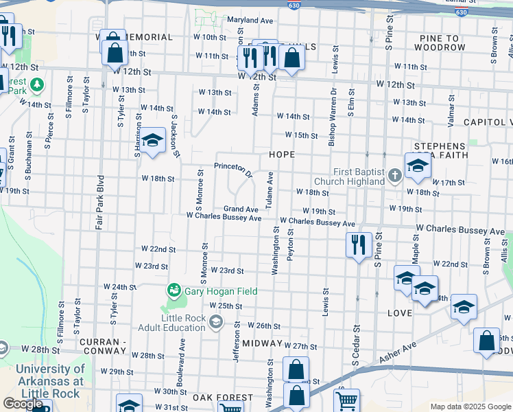 map of restaurants, bars, coffee shops, grocery stores, and more near 4512 Grand Avenue in Little Rock