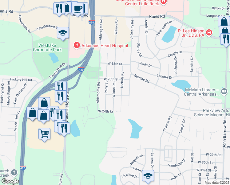 map of restaurants, bars, coffee shops, grocery stores, and more near 2025 Wilson Road in Little Rock