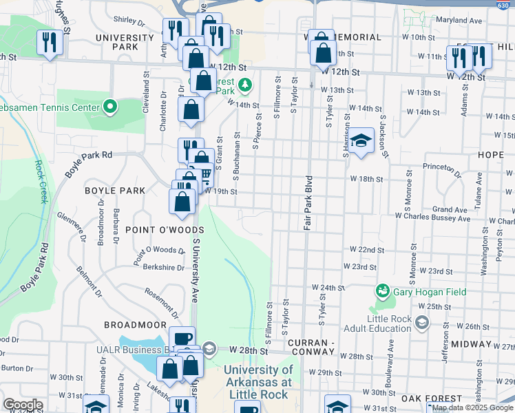 map of restaurants, bars, coffee shops, grocery stores, and more near 1909 South Pierce Street in Little Rock