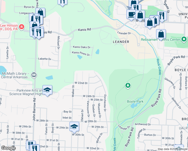 map of restaurants, bars, coffee shops, grocery stores, and more near 7900 Deerwood Drive in Little Rock