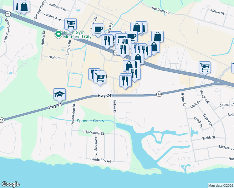 map of restaurants, bars, coffee shops, grocery stores, and more near 273 North Carolina 24 in Morehead City