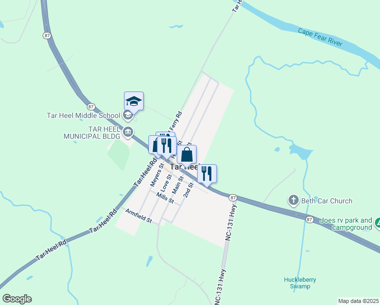 map of restaurants, bars, coffee shops, grocery stores, and more near Pine Street in Tar Heel