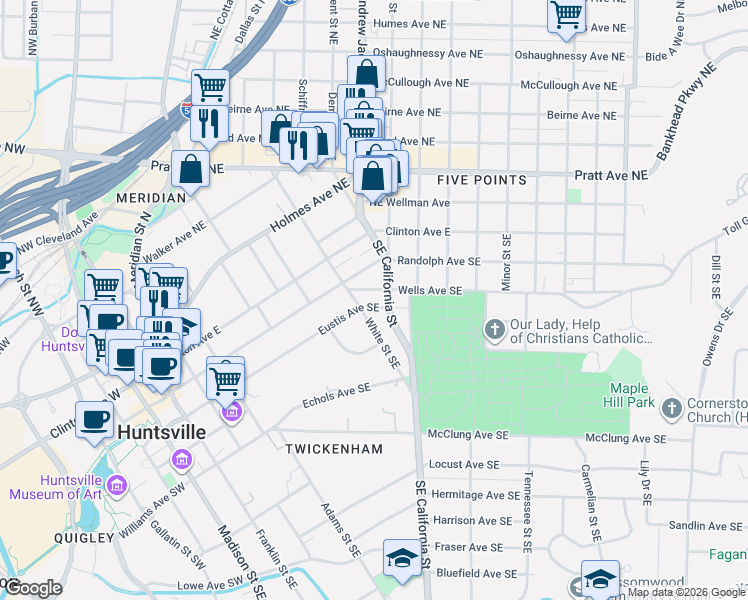 map of restaurants, bars, coffee shops, grocery stores, and more near 717 Eustis Avenue Southeast in Huntsville