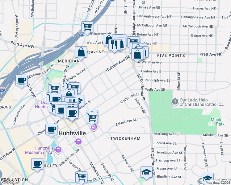 map of restaurants, bars, coffee shops, grocery stores, and more near 511 Randolph Avenue Southeast in Huntsville