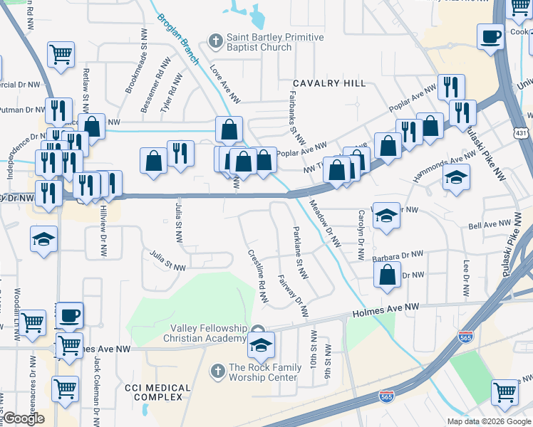 map of restaurants, bars, coffee shops, grocery stores, and more near 1018 Fairway Drive Northwest in Huntsville