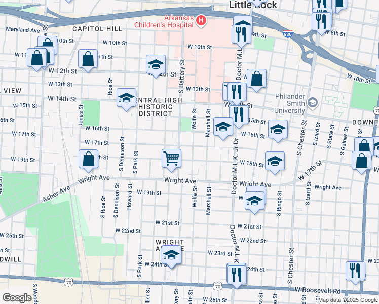 map of restaurants, bars, coffee shops, grocery stores, and more near 1712 Wolfe Street in Little Rock