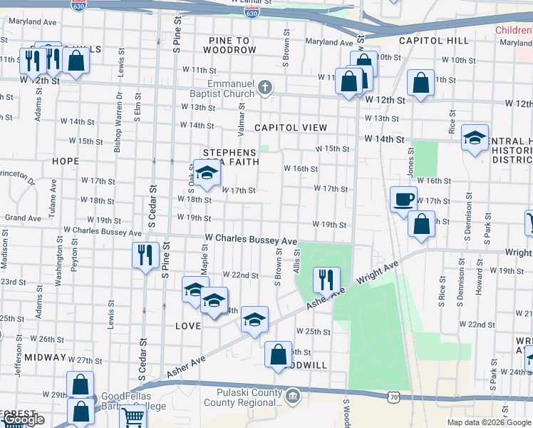 map of restaurants, bars, coffee shops, grocery stores, and more near 1825 South Martin Street in Little Rock