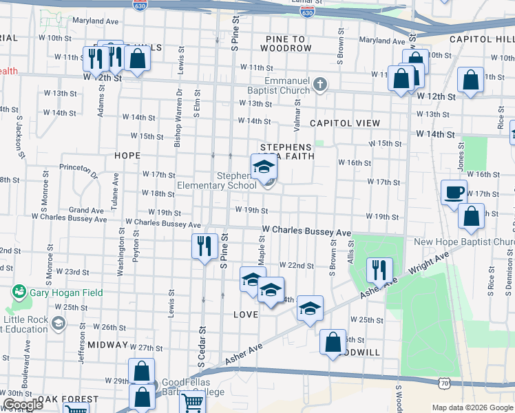 map of restaurants, bars, coffee shops, grocery stores, and more near 3801 West 19th Street in Little Rock
