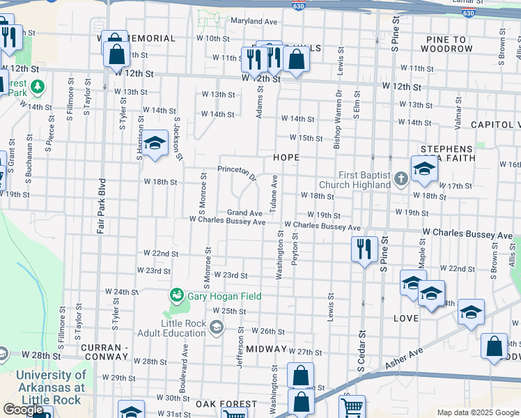 map of restaurants, bars, coffee shops, grocery stores, and more near 4512 Grand Avenue in Little Rock