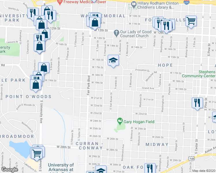 map of restaurants, bars, coffee shops, grocery stores, and more near 1921 South Harrison Street in Little Rock