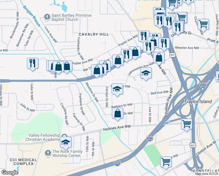 map of restaurants, bars, coffee shops, grocery stores, and more near 2801 Wilson Drive Northwest in Huntsville
