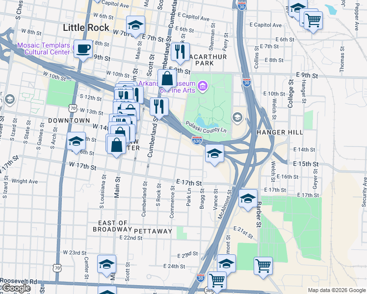 map of restaurants, bars, coffee shops, grocery stores, and more near 1419 Commerce Street in Little Rock