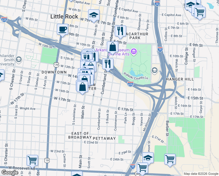 map of restaurants, bars, coffee shops, grocery stores, and more near in Little Rock