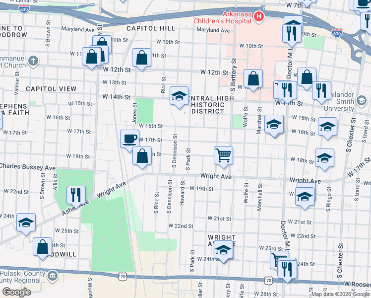 map of restaurants, bars, coffee shops, grocery stores, and more near 1711 South Park Street in Little Rock