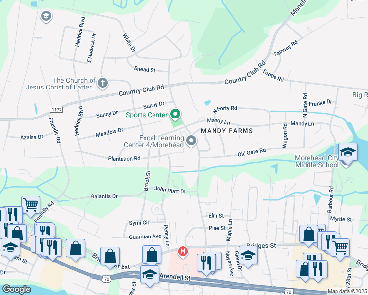 map of restaurants, bars, coffee shops, grocery stores, and more near 3502 Plantation Road in Morehead City