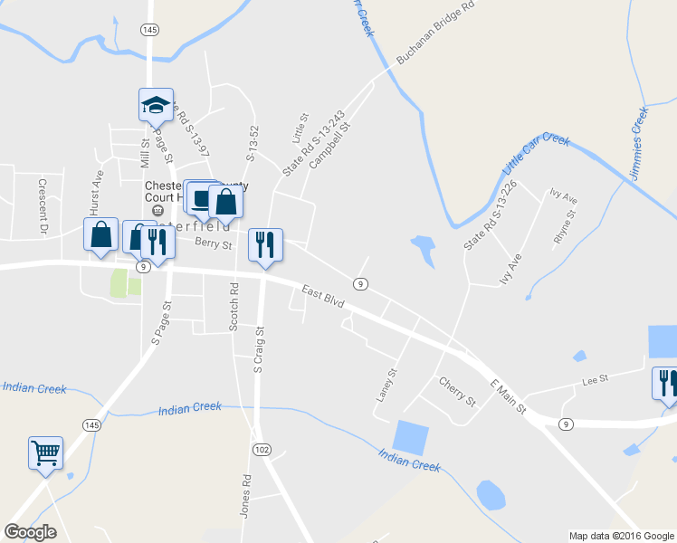 map of restaurants, bars, coffee shops, grocery stores, and more near 404 East Main Street in Chesterfield