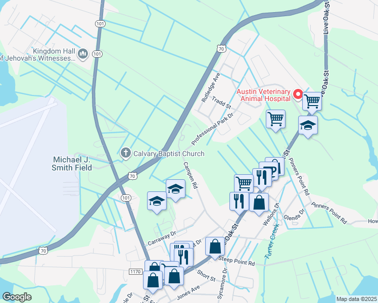 map of restaurants, bars, coffee shops, grocery stores, and more near 512 Campen Road in Beaufort