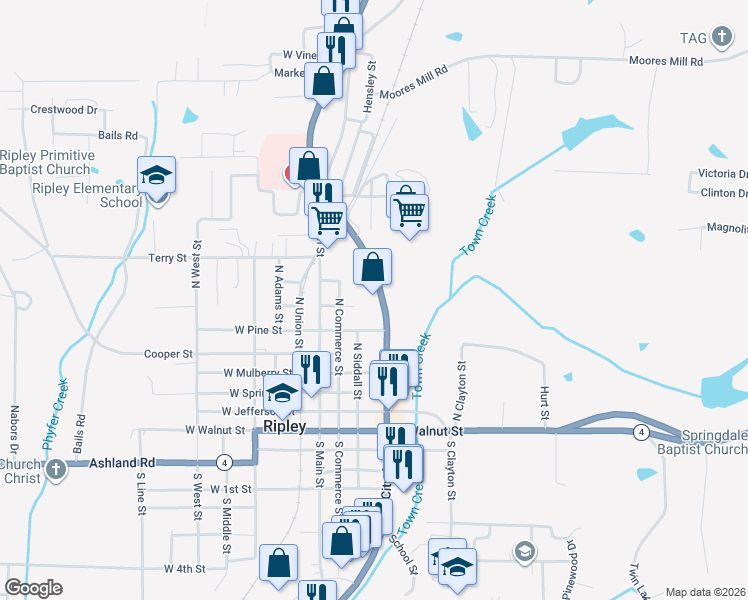 map of restaurants, bars, coffee shops, grocery stores, and more near 603 Mississippi 15 in Ripley