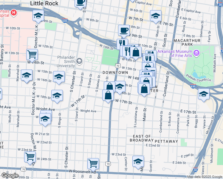 map of restaurants, bars, coffee shops, grocery stores, and more near 515 West 16th Street in Little Rock