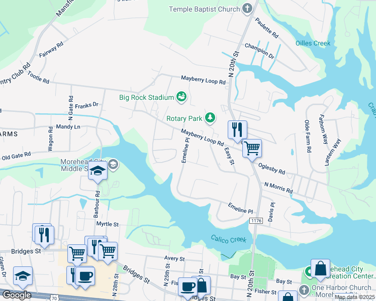 map of restaurants, bars, coffee shops, grocery stores, and more near 2504 Emeline Place in Morehead City