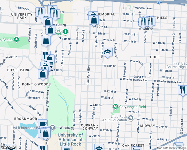map of restaurants, bars, coffee shops, grocery stores, and more near 1908 South Tyler Street in Little Rock