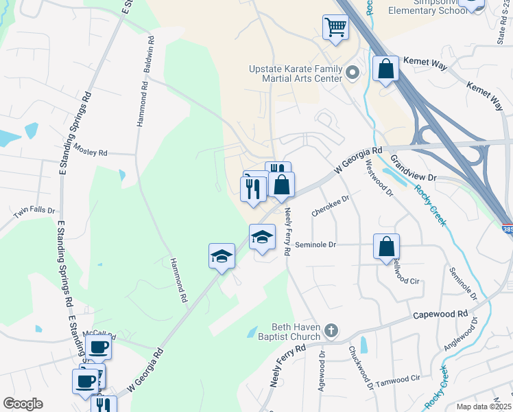map of restaurants, bars, coffee shops, grocery stores, and more near 1004 West Georgia Road in Simpsonville