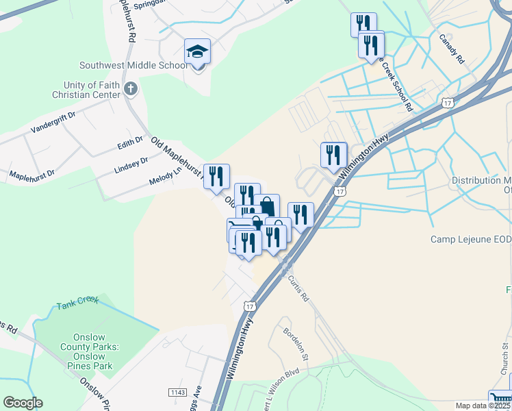 map of restaurants, bars, coffee shops, grocery stores, and more near 1134 Old Maplehurst Road in Jacksonville