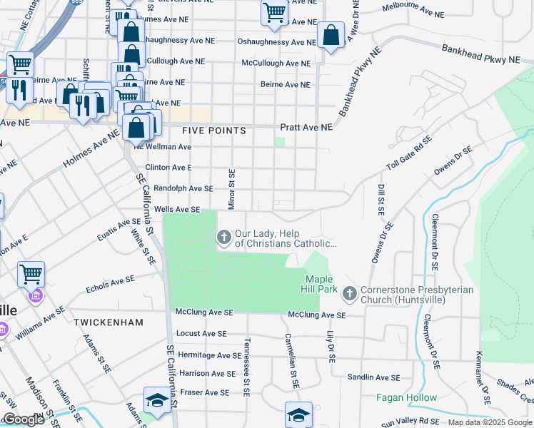 map of restaurants, bars, coffee shops, grocery stores, and more near 1502 Toll Gate Road Southeast in Huntsville