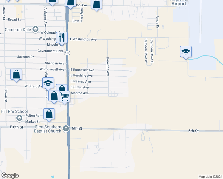 map of restaurants, bars, coffee shops, grocery stores, and more near 406 East Girard Avenue in Muscle Shoals