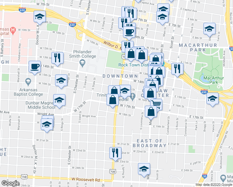 map of restaurants, bars, coffee shops, grocery stores, and more near 515 West 16th Street in Little Rock