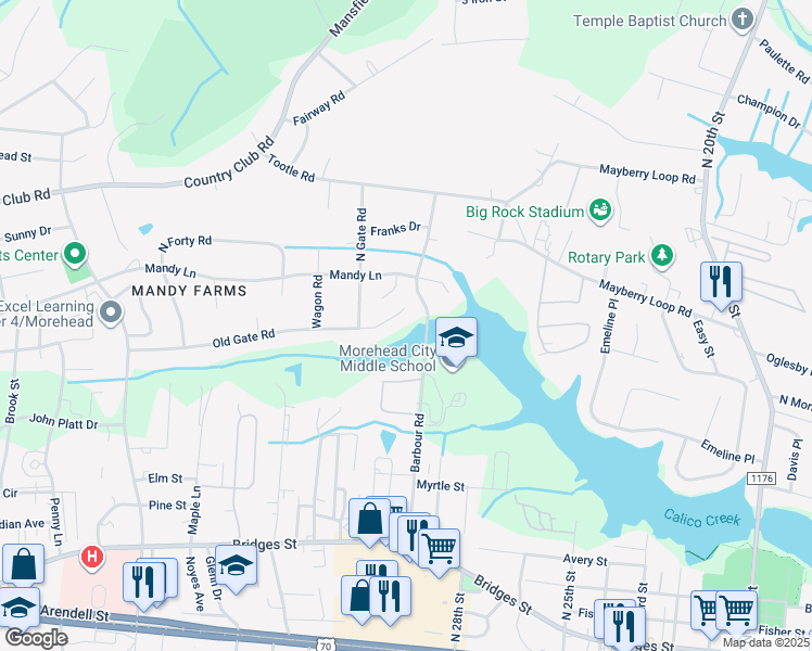 map of restaurants, bars, coffee shops, grocery stores, and more near 3007 Old Gate Road in Morehead City