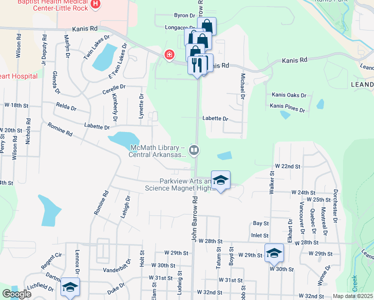 map of restaurants, bars, coffee shops, grocery stores, and more near 2100 John Barrow Road in Little Rock