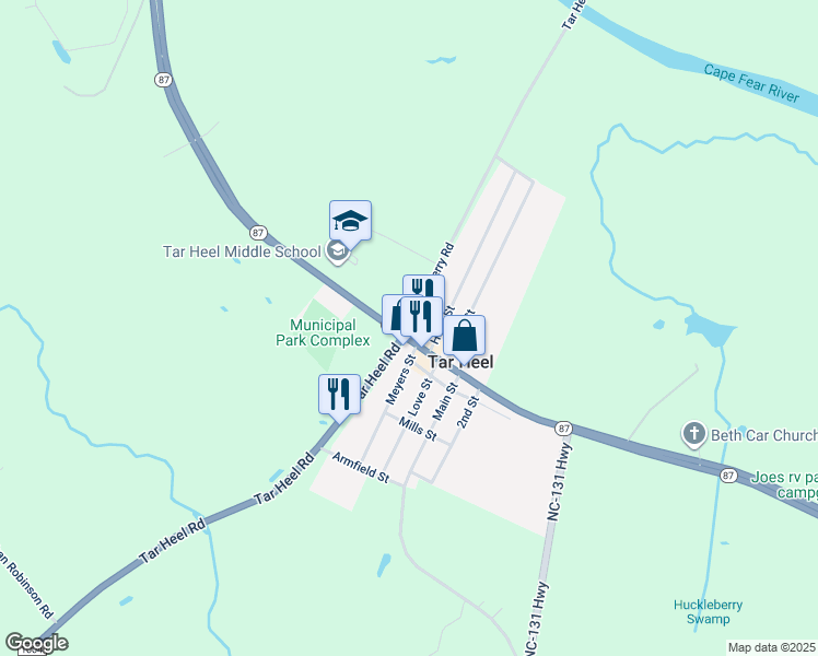 map of restaurants, bars, coffee shops, grocery stores, and more near 2 Tarheel Road in Tar Heel