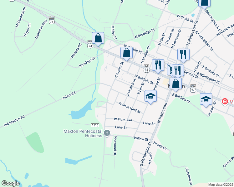 map of restaurants, bars, coffee shops, grocery stores, and more near 504 West Scotland Street in Maxton