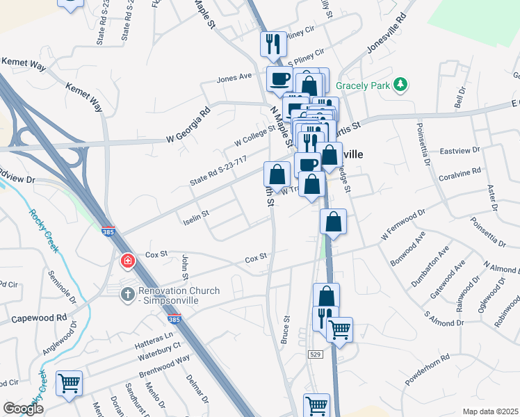 map of restaurants, bars, coffee shops, grocery stores, and more near 6001 Spindle Circle in Simpsonville