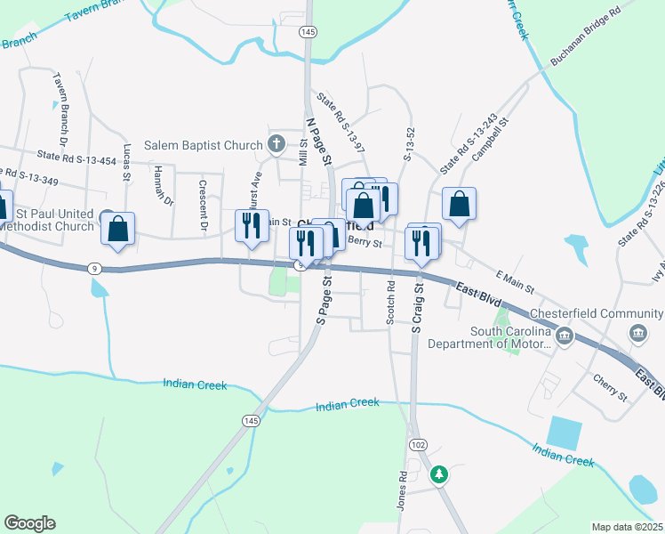 map of restaurants, bars, coffee shops, grocery stores, and more near South Carolina 9 Bypass in Chesterfield