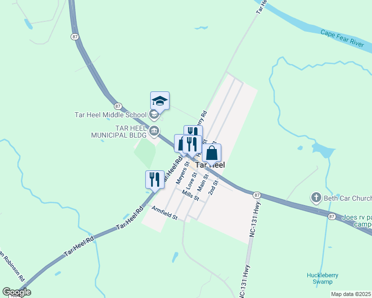 map of restaurants, bars, coffee shops, grocery stores, and more near 2 Tarheel Road in Tar Heel
