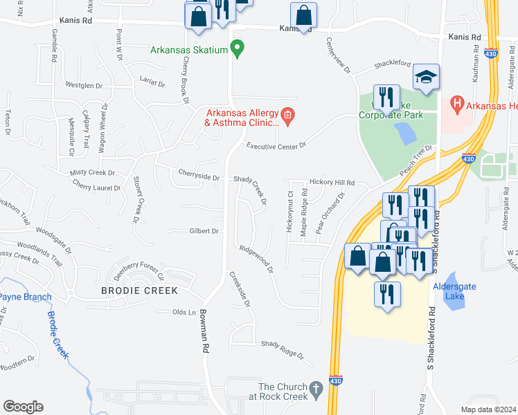 map of restaurants, bars, coffee shops, grocery stores, and more near 11605 Shady Creek Drive in Little Rock