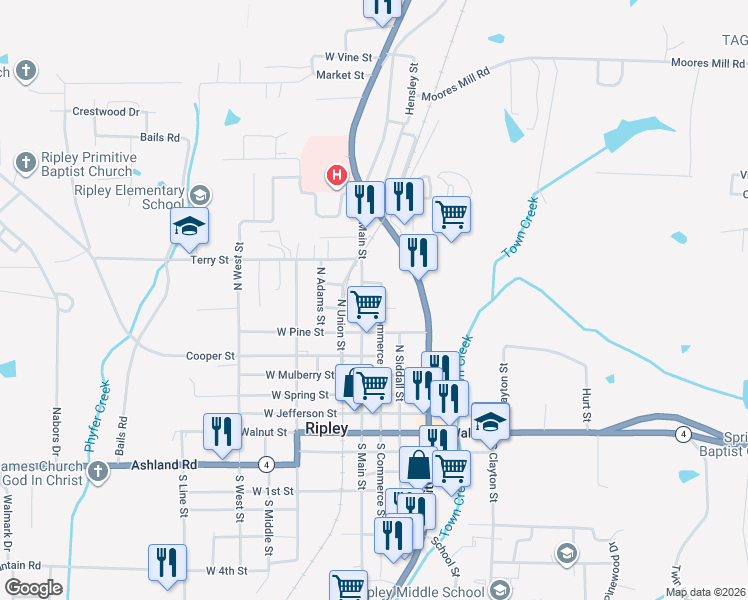 map of restaurants, bars, coffee shops, grocery stores, and more near 107 East Tyndall Street in Ripley