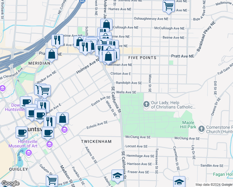 map of restaurants, bars, coffee shops, grocery stores, and more near 804 Wells Avenue Southeast in Huntsville