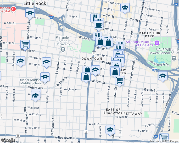 map of restaurants, bars, coffee shops, grocery stores, and more near 515 West 16th Street in Little Rock