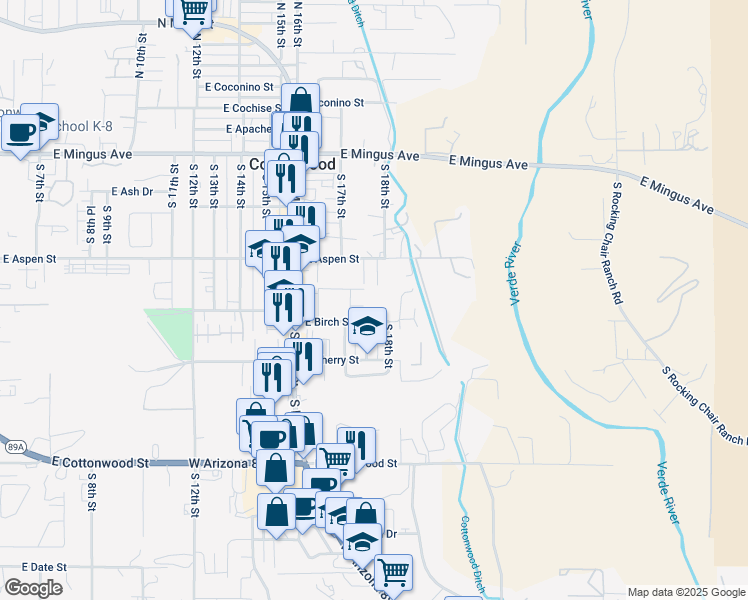 map of restaurants, bars, coffee shops, grocery stores, and more near 1780 East Birch Street in Cottonwood