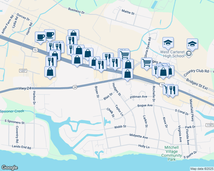 map of restaurants, bars, coffee shops, grocery stores, and more near 141 Highway 24 in Morehead City